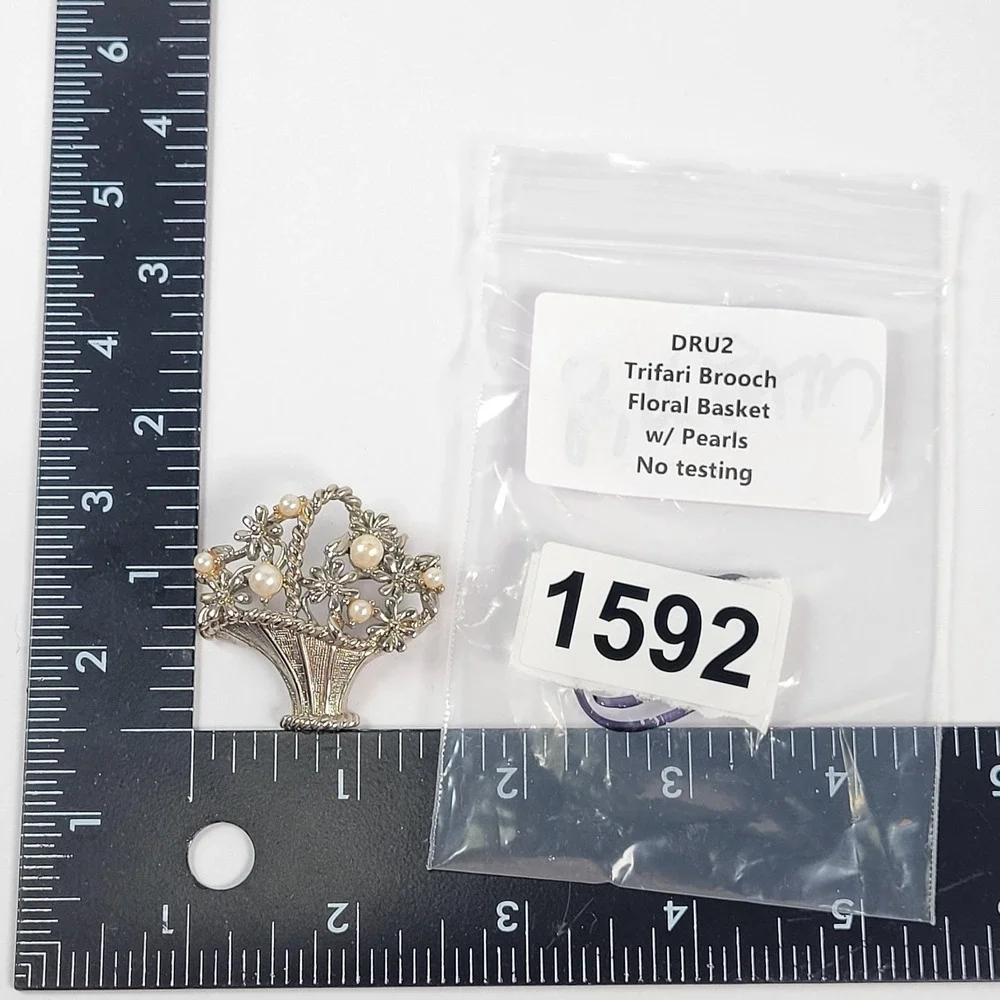 Vintage Trifari Floral Basket Brooch Pin Silver Tone Faux Pearl Costume Jewelry